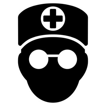 Doctor Head raster icon. Style is flat symbol, black color, rounded angles, white background.