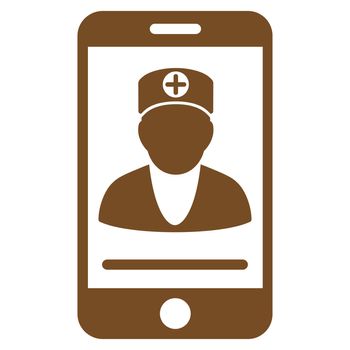 Online Doctor raster icon. Style is flat symbol, brown color, rounded angles, white background.