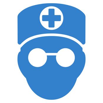 Doctor Head raster icon. Style is flat symbol, cobalt color, rounded angles, white background.