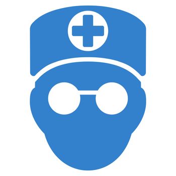 Doctor Head raster icon. Style is flat symbol, cobalt color, rounded angles, white background.