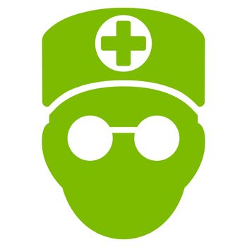 Doctor Head raster icon. Style is flat symbol, eco green color, rounded angles, white background.
