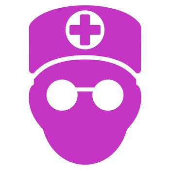 Doctor Head raster icon. Style is flat symbol, violet color, rounded angles, white background.