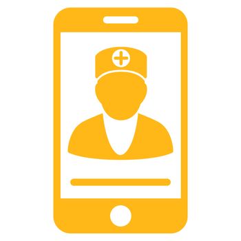 Online Doctor raster icon. Style is flat symbol, yellow color, rounded angles, white background.