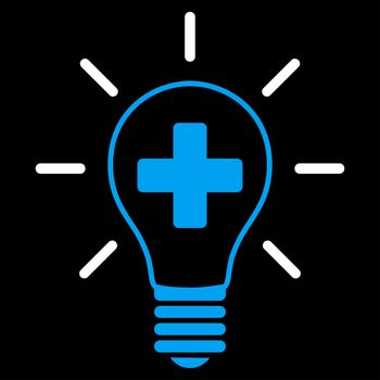Creative Medicine Bulb raster icon. Style is bicolor flat symbol, blue and white colors, rounded angles, black background.