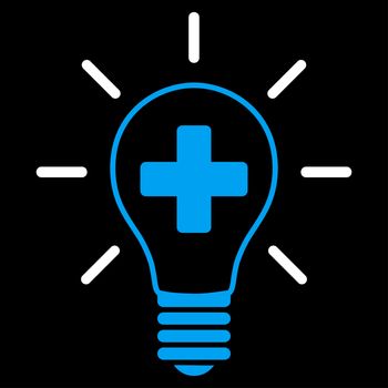 Creative Medicine Bulb raster icon. Style is bicolor flat symbol, blue and white colors, rounded angles, black background.