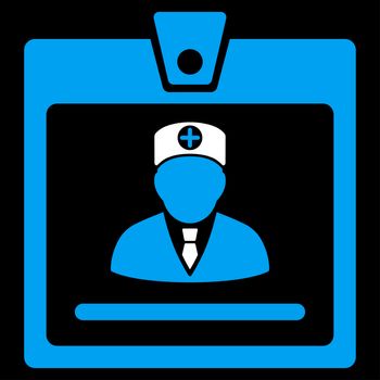 Doctor Badge raster icon. Style is bicolor flat symbol, blue and white colors, rounded angles, black background.
