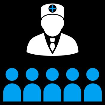 Doctor Class raster icon. Style is bicolor flat symbol, blue and white colors, rounded angles, black background.