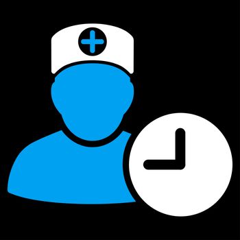 Doctor Schedule raster icon. Style is bicolor flat symbol, blue and white colors, rounded angles, black background.