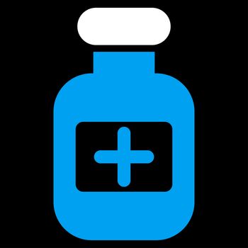 Drugs Bottle raster icon. Style is bicolor flat symbol, blue and white colors, rounded angles, black background.