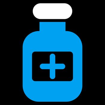 Drugs Bottle raster icon. Style is bicolor flat symbol, blue and white colors, rounded angles, black background.
