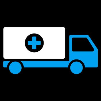Drugs Shipment raster icon. Style is bicolor flat symbol, blue and white colors, rounded angles, black background.