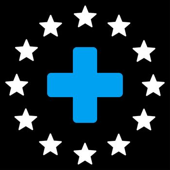 Euro Medicine raster icon. Style is bicolor flat symbol, blue and white colors, rounded angles, black background.