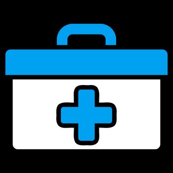 First Aid Toolbox raster icon. Style is bicolor flat symbol, blue and white colors, rounded angles, black background.