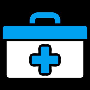 First Aid Toolbox raster icon. Style is bicolor flat symbol, blue and white colors, rounded angles, black background.