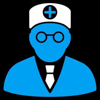 Head Physician raster icon. Style is bicolor flat symbol, blue and white colors, rounded angles, black background.