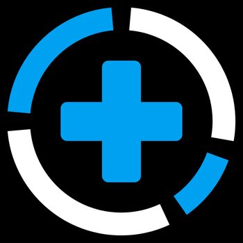 Health Care Diagram raster icon. Style is bicolor flat symbol, blue and white colors, rounded angles, black background.