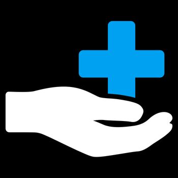 Health Care Donation raster icon. Style is bicolor flat symbol, blue and white colors, rounded angles, black background.