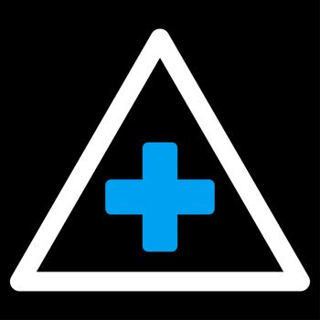 Health Warning raster icon. Style is bicolor flat symbol, blue and white colors, rounded angles, black background.