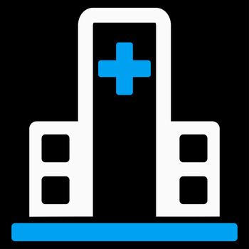 Hospital Building raster icon. Style is bicolor flat symbol, blue and white colors, rounded angles, black background.