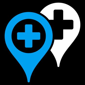 Hospital Map Markers raster icon. Style is bicolor flat symbol, blue and white colors, rounded angles, black background.