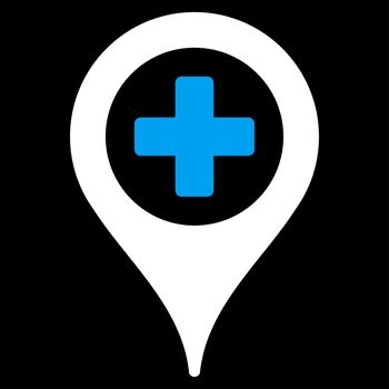 Hospital Map Pointer raster icon. Style is bicolor flat symbol, blue and white colors, rounded angles, black background.