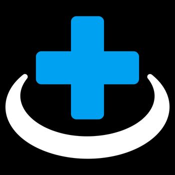 Medical Community raster icon. Style is bicolor flat symbol, blue and white colors, rounded angles, black background.