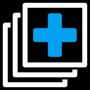 Medical Docs raster icon. Style is bicolor flat symbol, blue and white colors, rounded angles, black background.