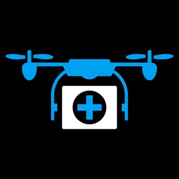Medical Drone raster icon. Style is bicolor flat symbol, blue and white colors, rounded angles, black background.