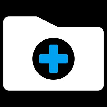 Medical Folder raster icon. Style is bicolor flat symbol, blue and white colors, rounded angles, black background.