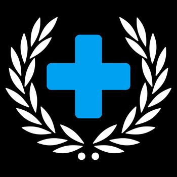 Medical Glory raster icon. Style is bicolor flat symbol, blue and white colors, rounded angles, black background.