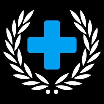Medical Glory raster icon. Style is bicolor flat symbol, blue and white colors, rounded angles, black background.