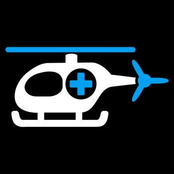 Medical Helicopter raster icon. Style is bicolor flat symbol, blue and white colors, rounded angles, black background.