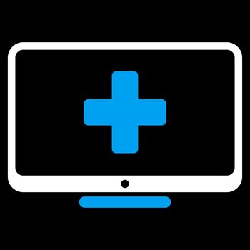 Medical Monitor raster icon. Style is bicolor flat symbol, blue and white colors, rounded angles, black background.