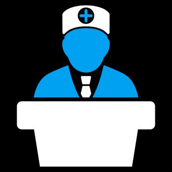 Medical Official Lecture raster icon. Style is bicolor flat symbol, blue and white colors, rounded angles, black background.
