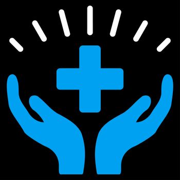 Medical Prosperity raster icon. Style is bicolor flat symbol, blue and white colors, rounded angles, black background.