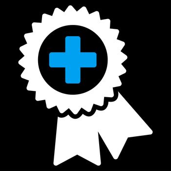 Medical Quality Seal raster icon. Style is bicolor flat symbol, blue and white colors, rounded angles, black background.