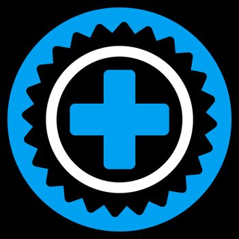 Medical Stamp raster icon. Style is bicolor flat symbol, blue and white colors, rounded angles, black background.