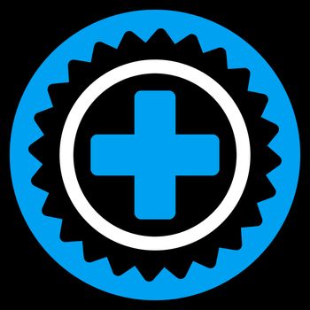 Medical Stamp raster icon. Style is bicolor flat symbol, blue and white colors, rounded angles, black background.