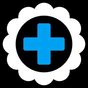 Medical Sticker raster icon. Style is bicolor flat symbol, blue and white colors, rounded angles, black background.