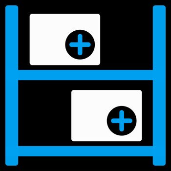 Medical Warehouse raster icon. Style is bicolor flat symbol, blue and white colors, rounded angles, black background.