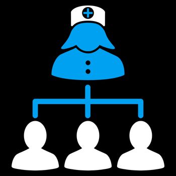 Nurse Patients raster icon. Style is bicolor flat symbol, blue and white colors, rounded angles, black background.