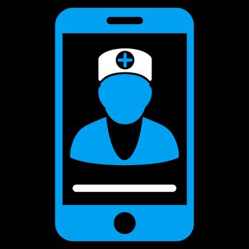 Online Doctor raster icon. Style is bicolor flat symbol, blue and white colors, rounded angles, black background.