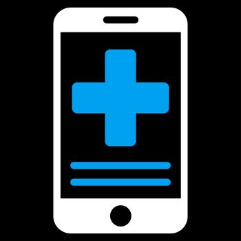 Online Medical Data raster icon. Style is bicolor flat symbol, blue and white colors, rounded angles, black background.