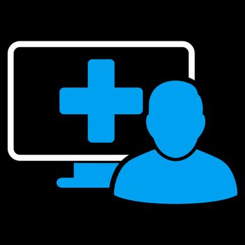 Online Medicine raster icon. Style is bicolor flat symbol, blue and white colors, rounded angles, black background.