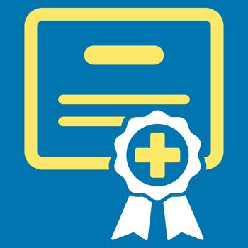 Certification raster icon. Style is bicolor flat symbol, yellow and white colors, rounded angles, blue background.