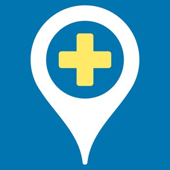 Clinic Pointer raster icon. Style is bicolor flat symbol, yellow and white colors, rounded angles, blue background.