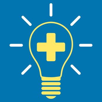 Creative Medicine Bulb raster icon. Style is bicolor flat symbol, yellow and white colors, rounded angles, blue background.