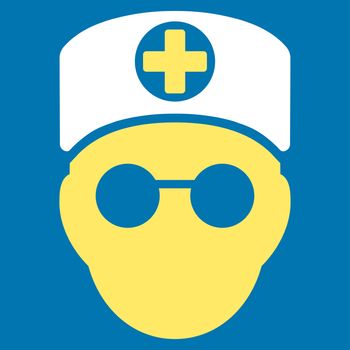 Doctor Head raster icon. Style is bicolor flat symbol, yellow and white colors, rounded angles, blue background.