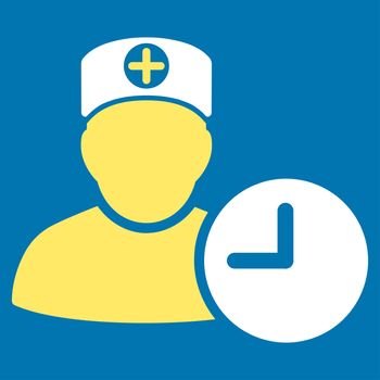 Doctor Schedule raster icon. Style is bicolor flat symbol, yellow and white colors, rounded angles, blue background.