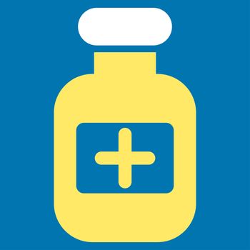 Drugs Bottle raster icon. Style is bicolor flat symbol, yellow and white colors, rounded angles, blue background.